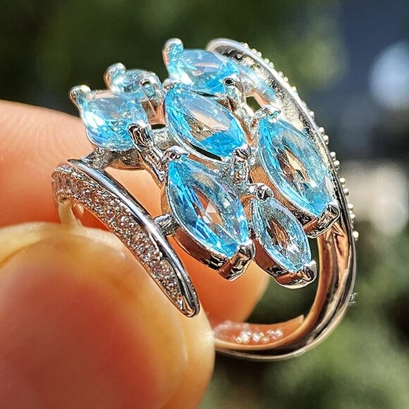 💍Silver Multiple Unique Marquis Gems Bright Light Blue💎 Ring, INDN8564 - Picture 8 of 10